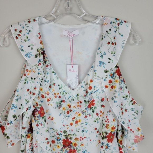Parker White Spring Ditsy Floral Ruffle Mini Dress - Picture 5 of 10